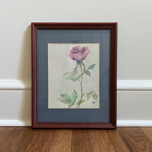 Framed & Signed Vintage Pink Rose Watercolor by BAL (1990)