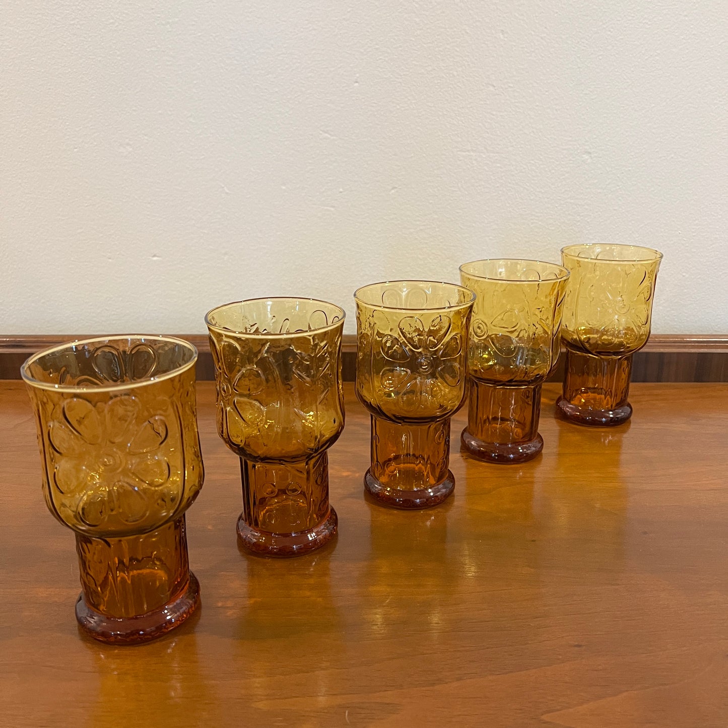 Set of 5 Vintage Libbey Country Garden Amber 12 oz. Cooler Glasses
