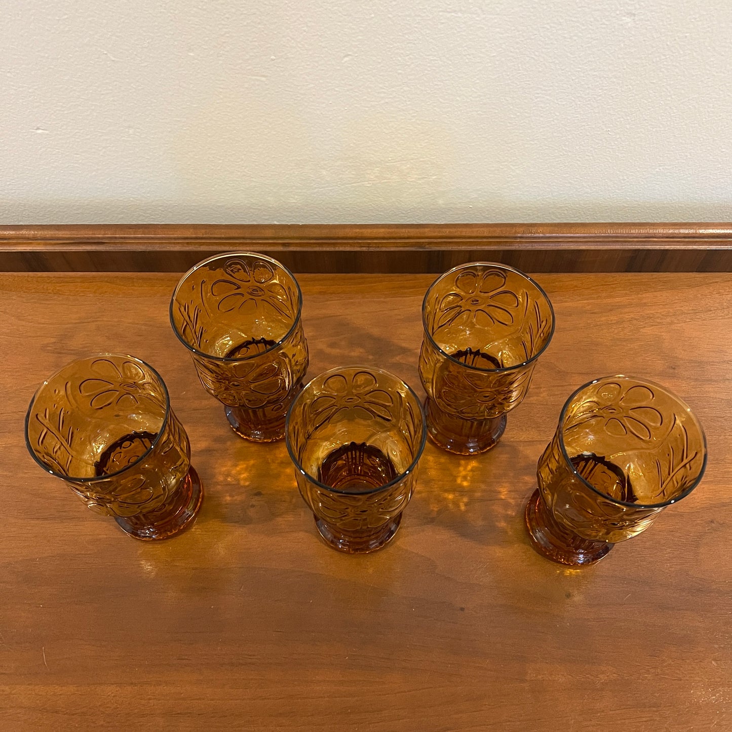 Set of 5 Vintage Libbey Country Garden Amber 12 oz. Cooler Glasses