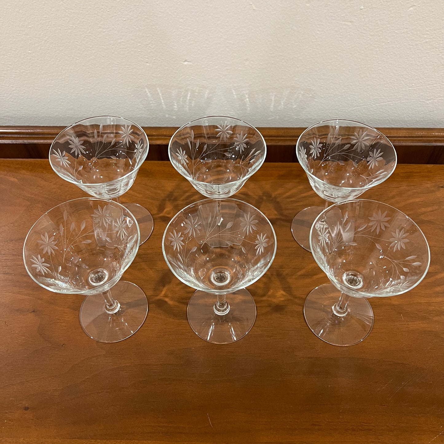 Set of 6 Vintage Tiffin Clear Floral Etched Champagne Coupe Glasses