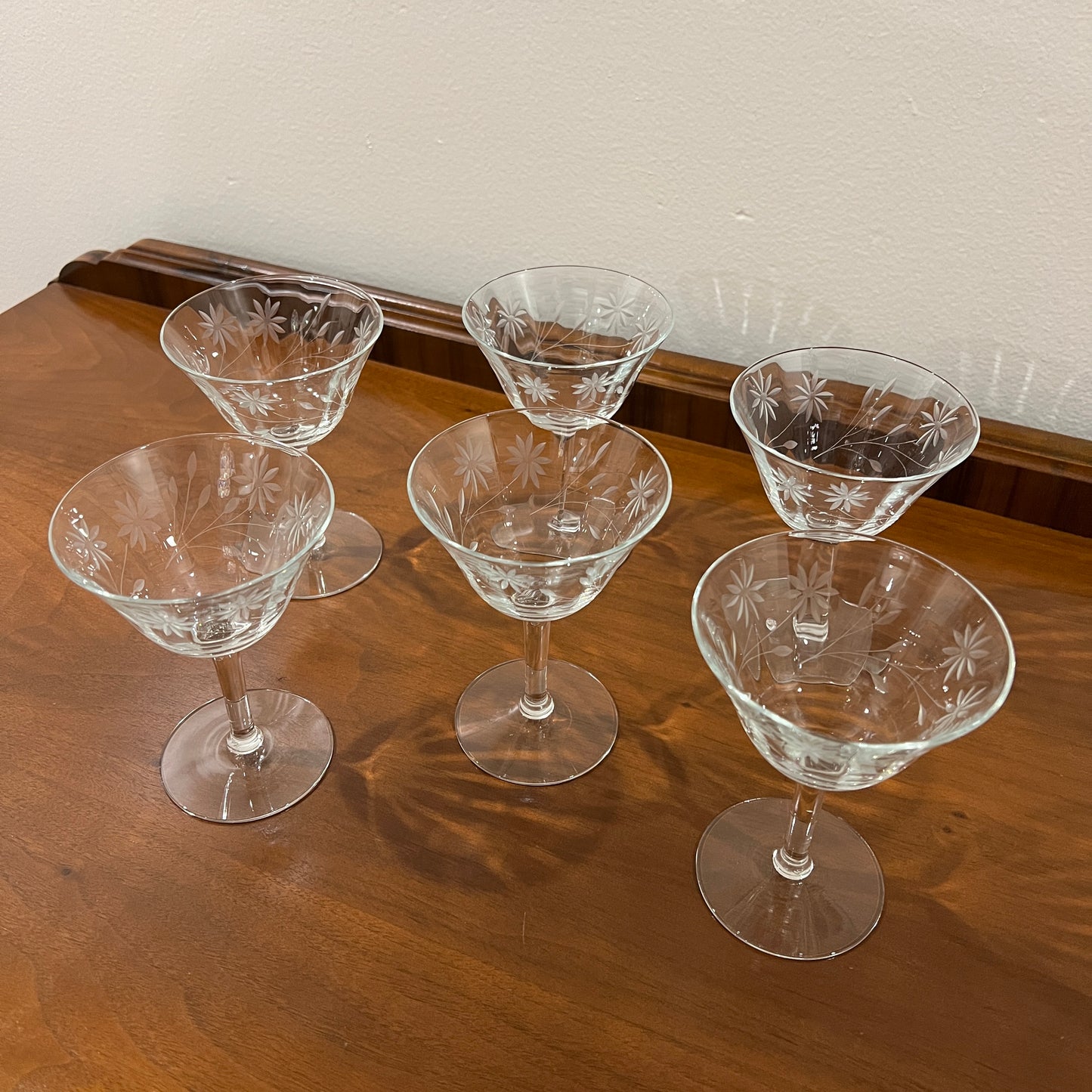 Set of 6 Vintage Tiffin Clear Floral Etched Champagne Coupe Glasses