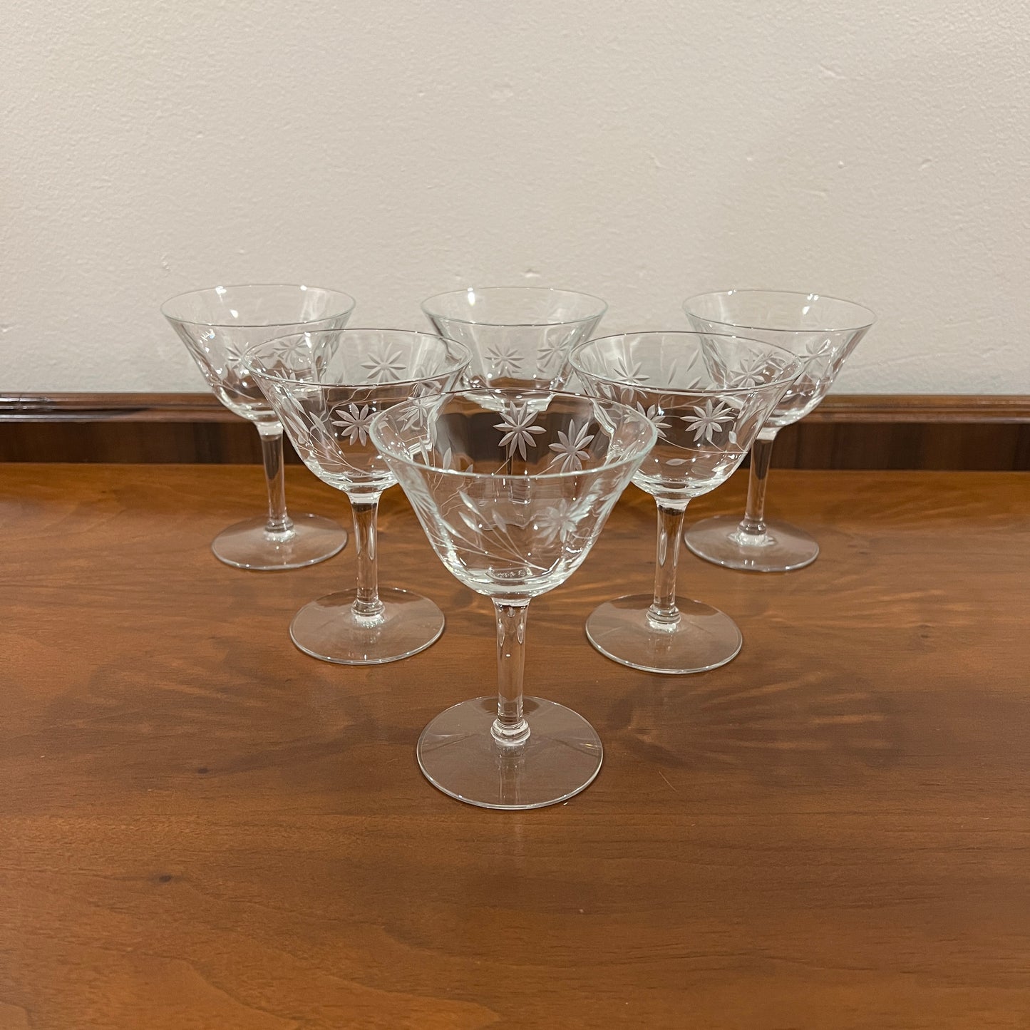 Set of 6 Vintage Tiffin Clear Floral Etched Champagne Coupe Glasses