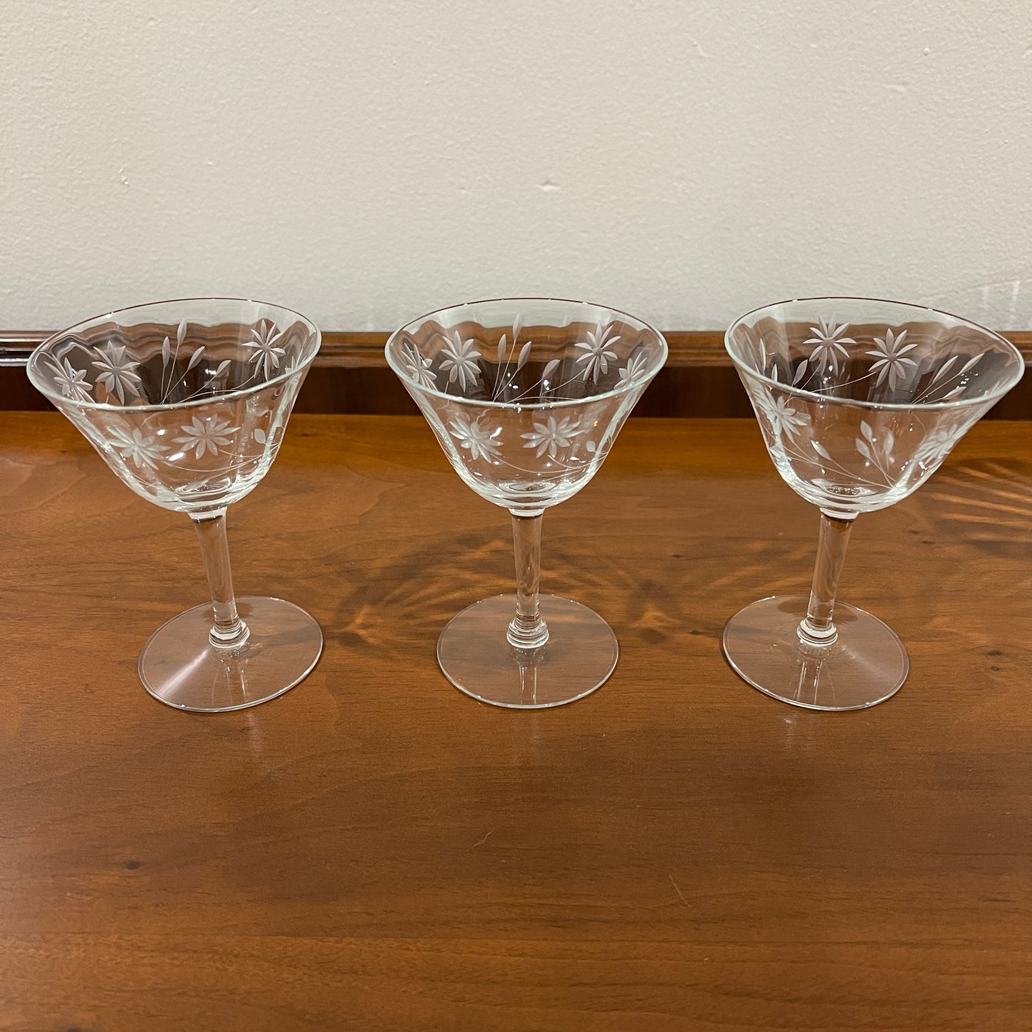 Set of 6 Vintage Tiffin Clear Floral Etched Champagne Coupe Glasses