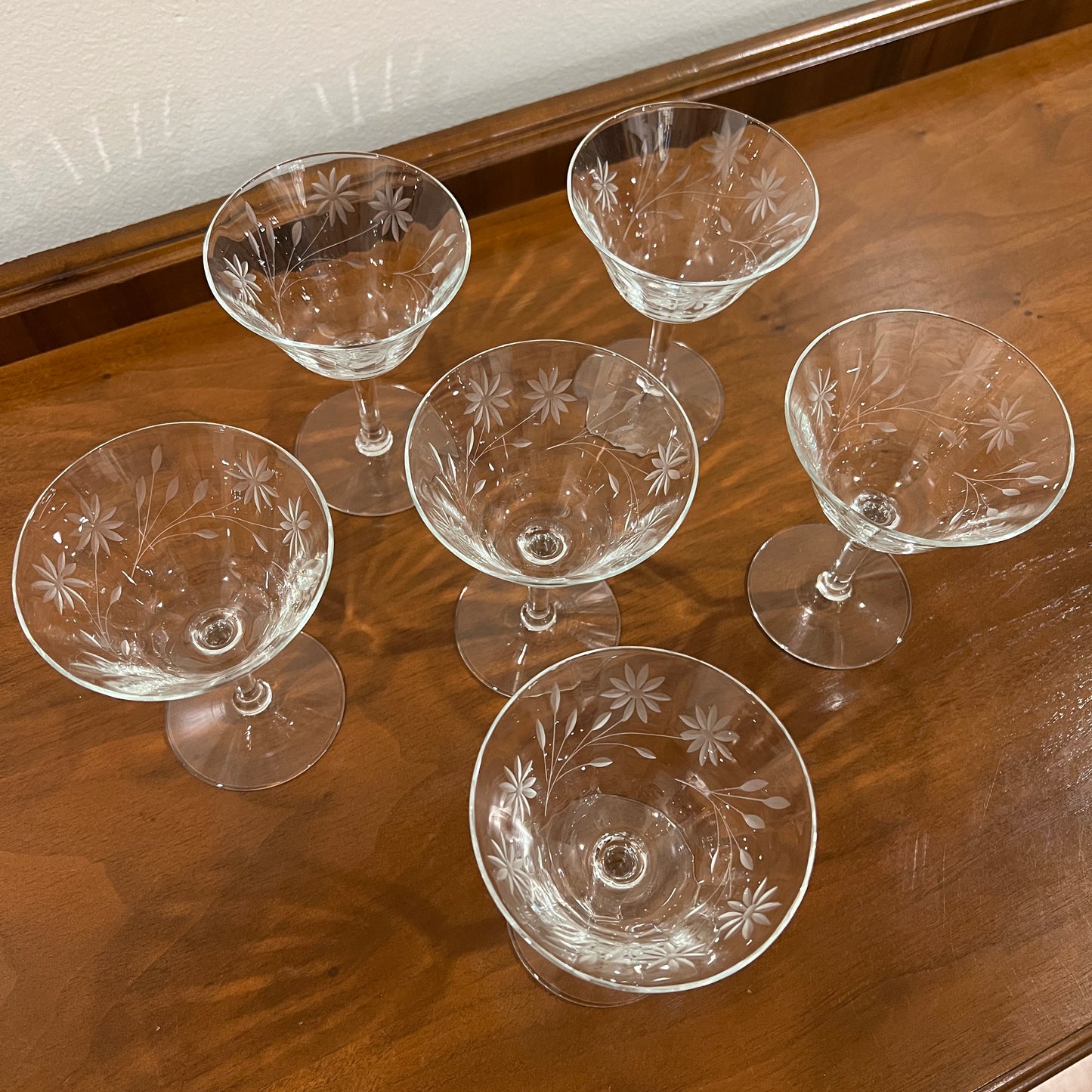 Set of 6 Vintage Tiffin Clear Floral Etched Champagne Coupe Glasses