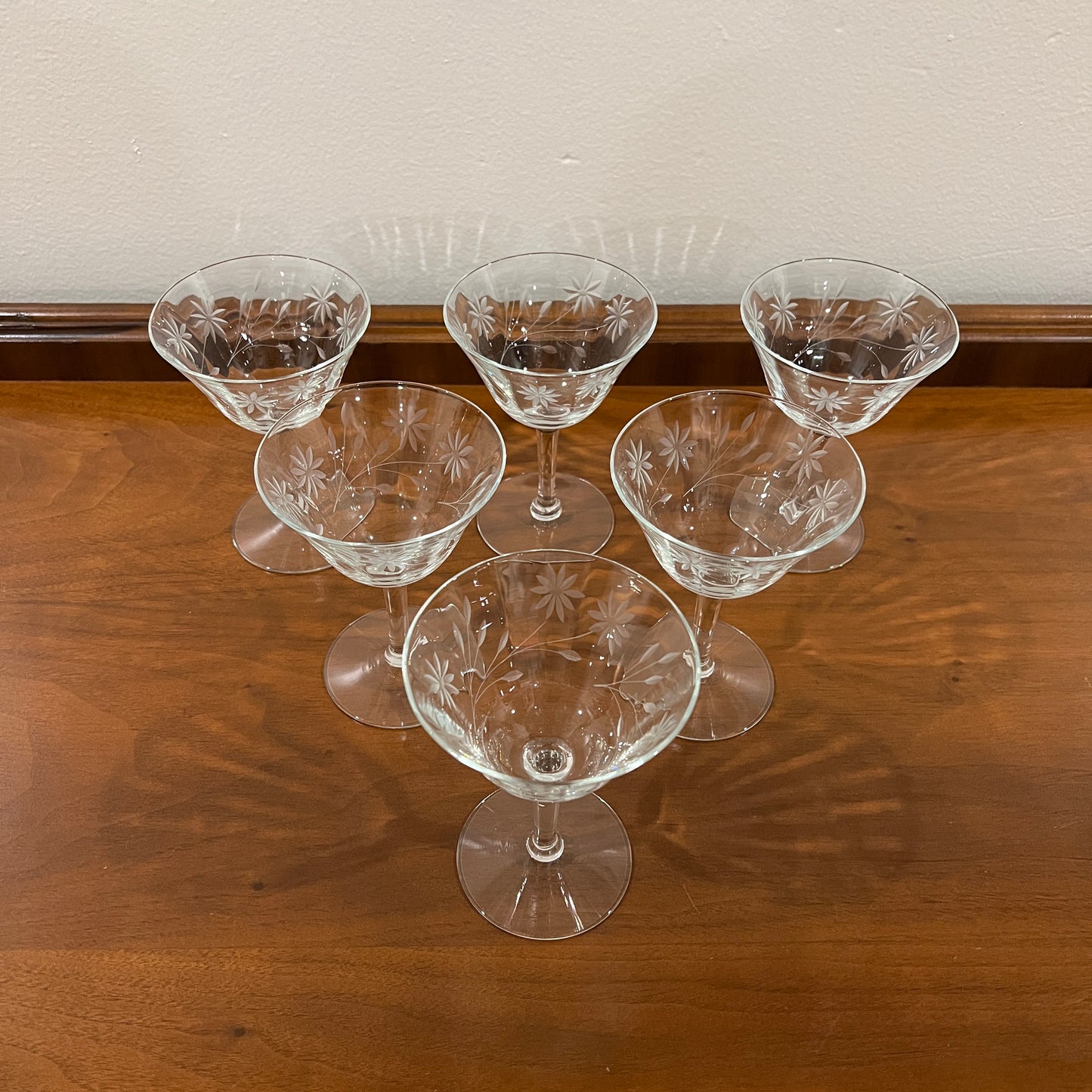 Set of 6 Vintage Tiffin Clear Floral Etched Champagne Coupe Glasses