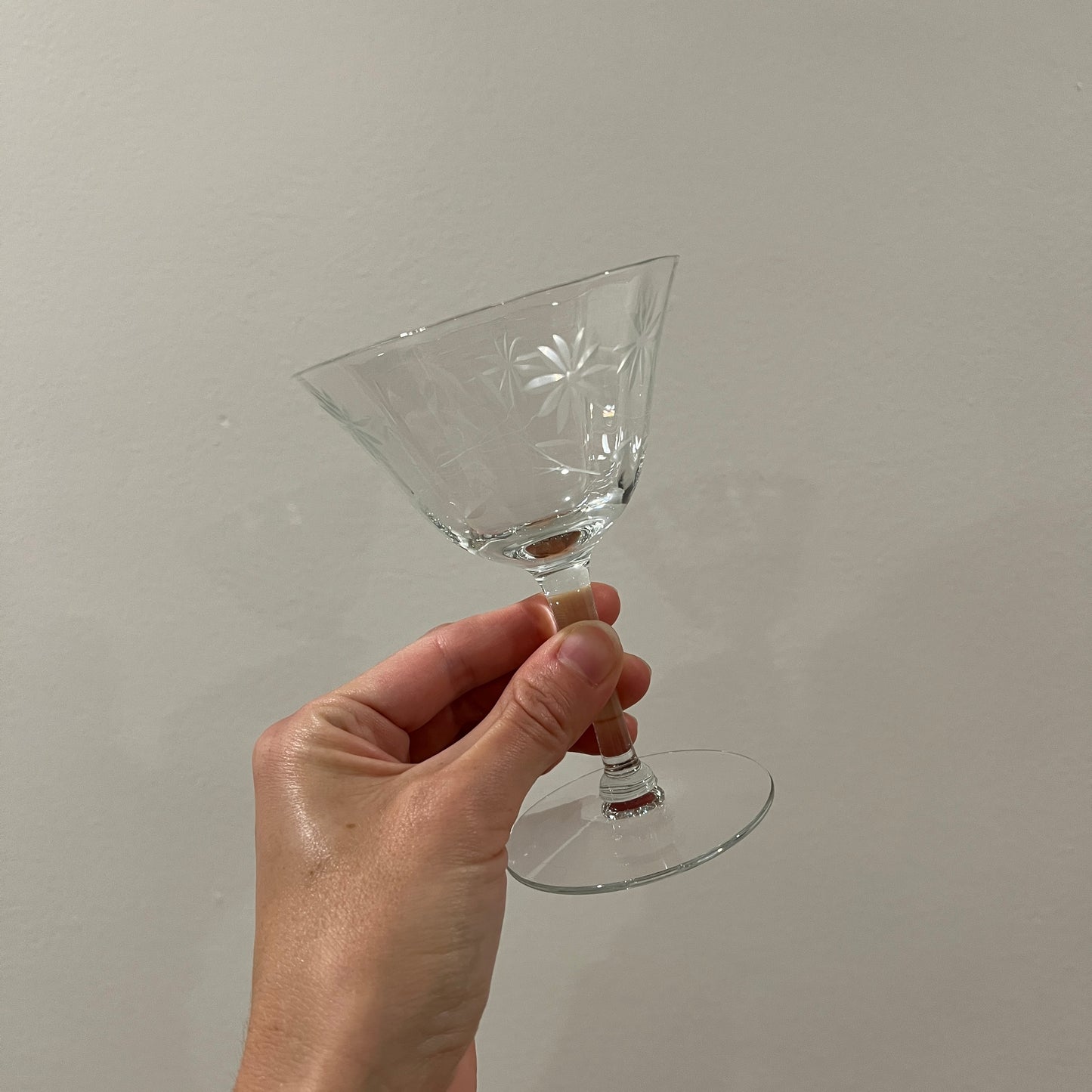 Set of 6 Vintage Tiffin Clear Floral Etched Champagne Coupe Glasses