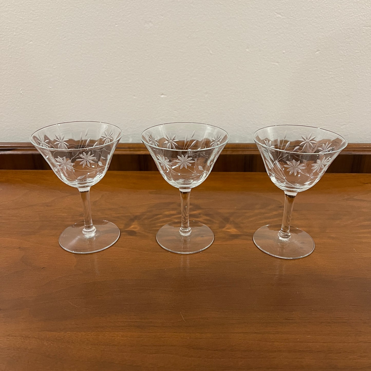 Set of 6 Vintage Tiffin Clear Floral Etched Champagne Coupe Glasses