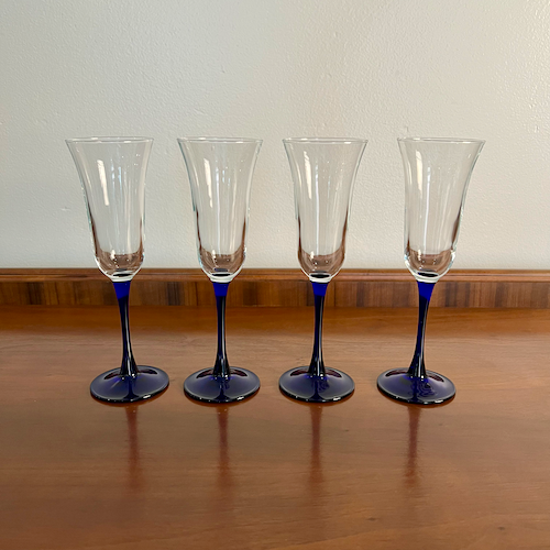 Set of 4 Cristal D'Arques-Durand Americana Blue Crystal Fluted Champagne Glasses