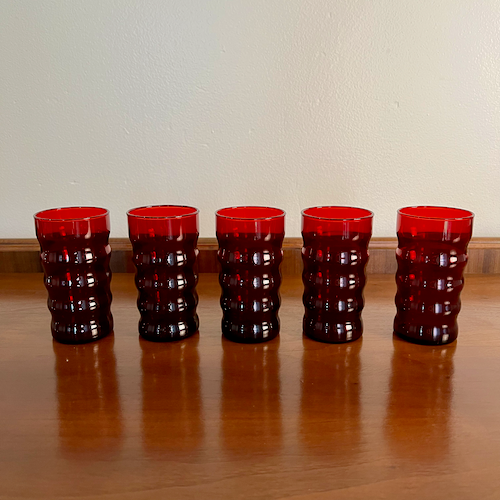 Set of 5 Anchor Hocking Royal Ruby Flat Ripple Juice Glasses