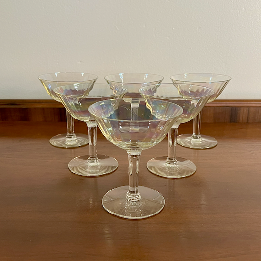 Vintage Set of 6 Fostoria Mother of Pearl Iridescent Coupe Glasses - Stem 766