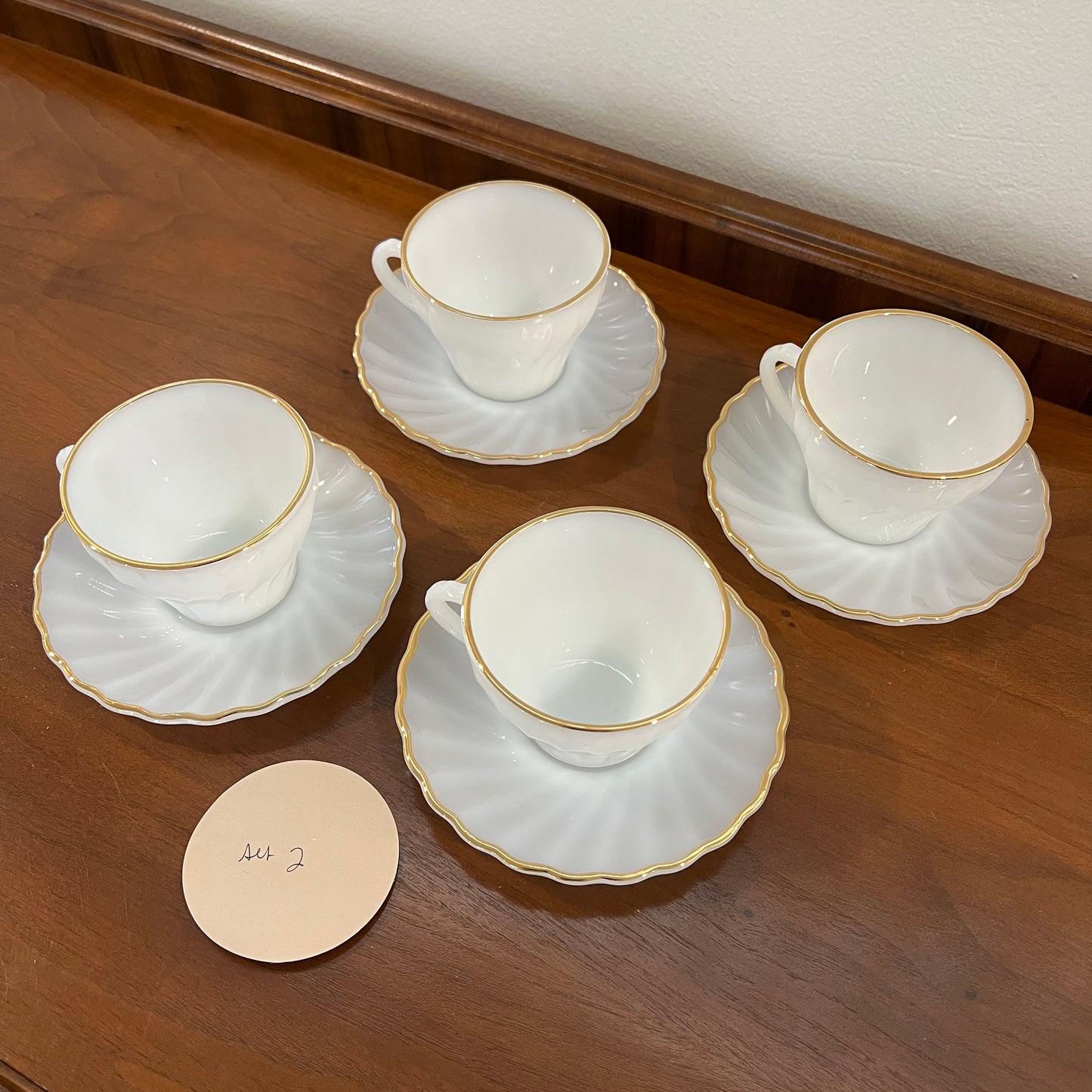 Set of 4 Vintage 1960s/1970s Fire King by Anchor Hocking Golden Shell Milk Glass Tea Cups & Saucers