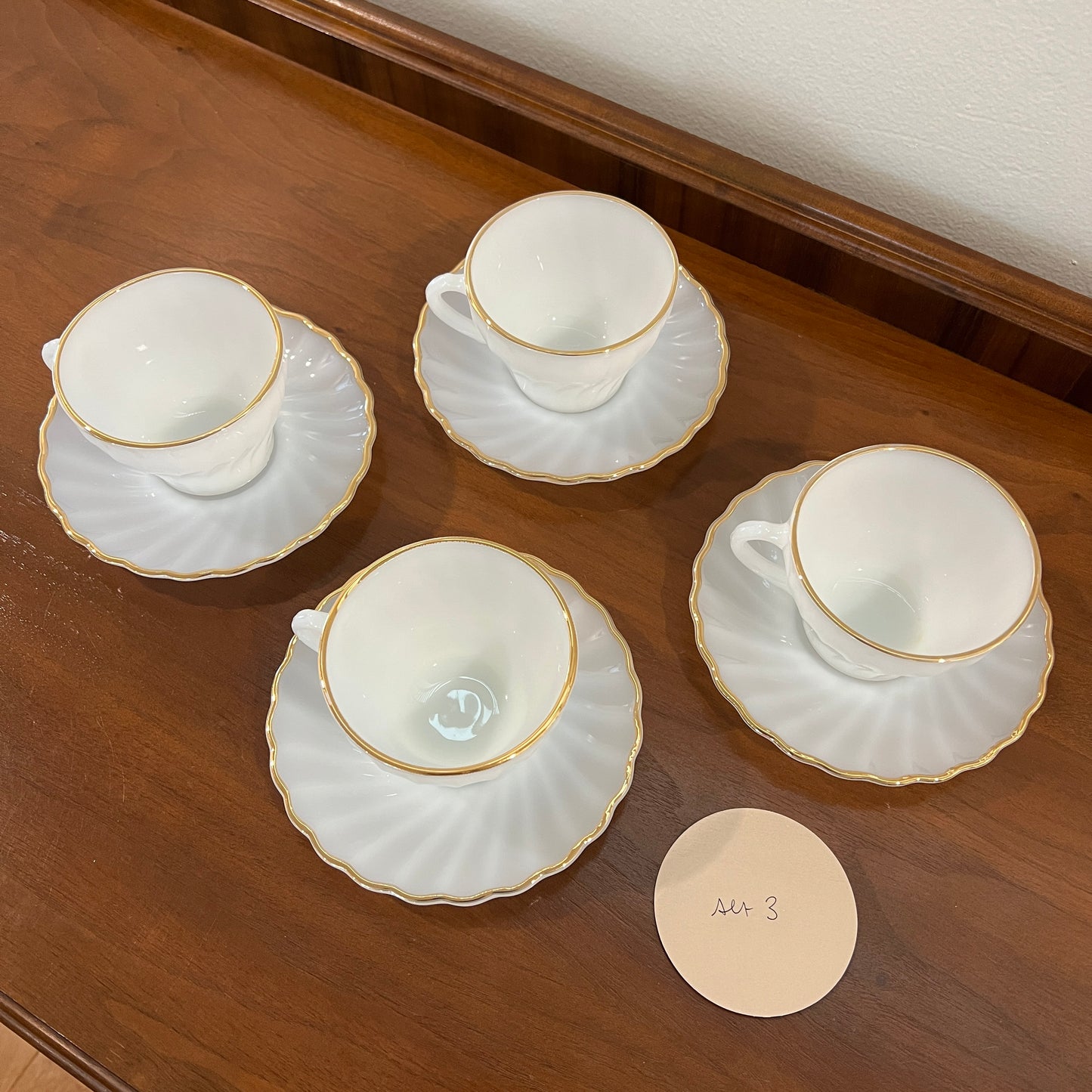 Set of 4 Vintage 1960s/1970s Fire King by Anchor Hocking Golden Shell Milk Glass Tea Cups & Saucers