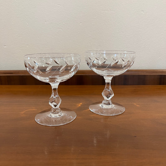 Set of 2 Vintage 1960s Tiffin Daphne Etched Crystal Coupe Glasses