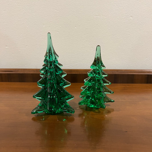 Set of 2 Vintage Enesco Green Crystal Art Glass 5" and 6" Christmas Trees