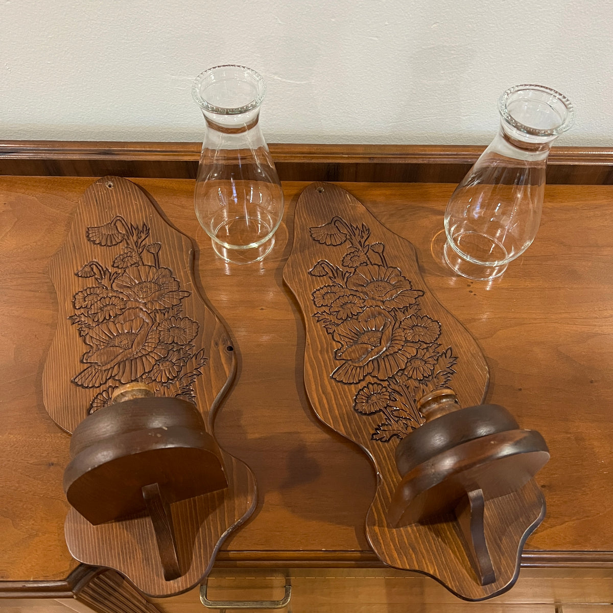Set of 2 Vintage HOMCO Large Wooden Floral Wall Sconces