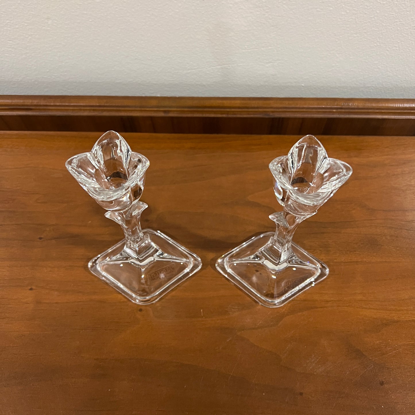 Set of 2 Vintage Toscany Lead Crystal Clear Tulip 8" Single Light Candlestick Holders