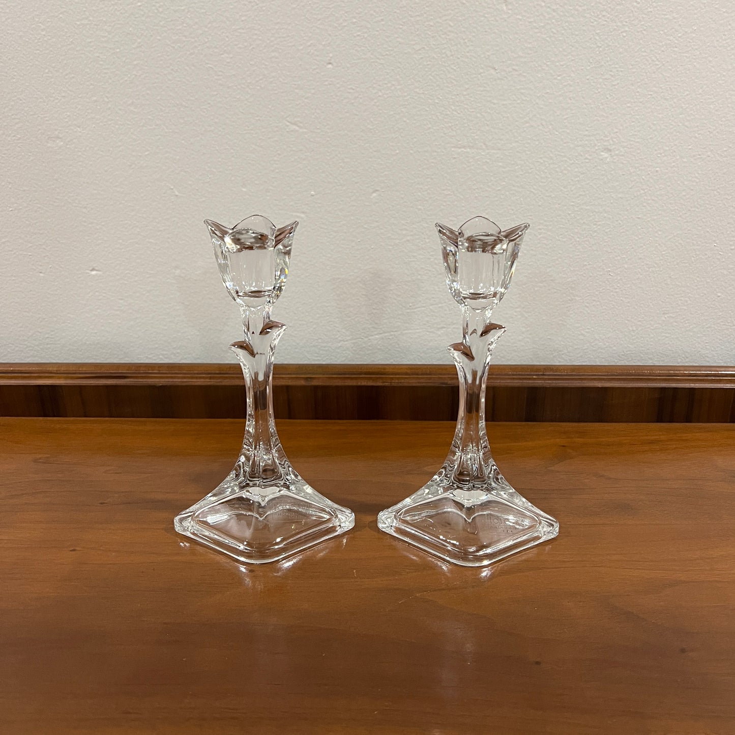 Set of 2 Vintage Toscany Lead Crystal Clear Tulip 8" Single Light Candlestick Holders