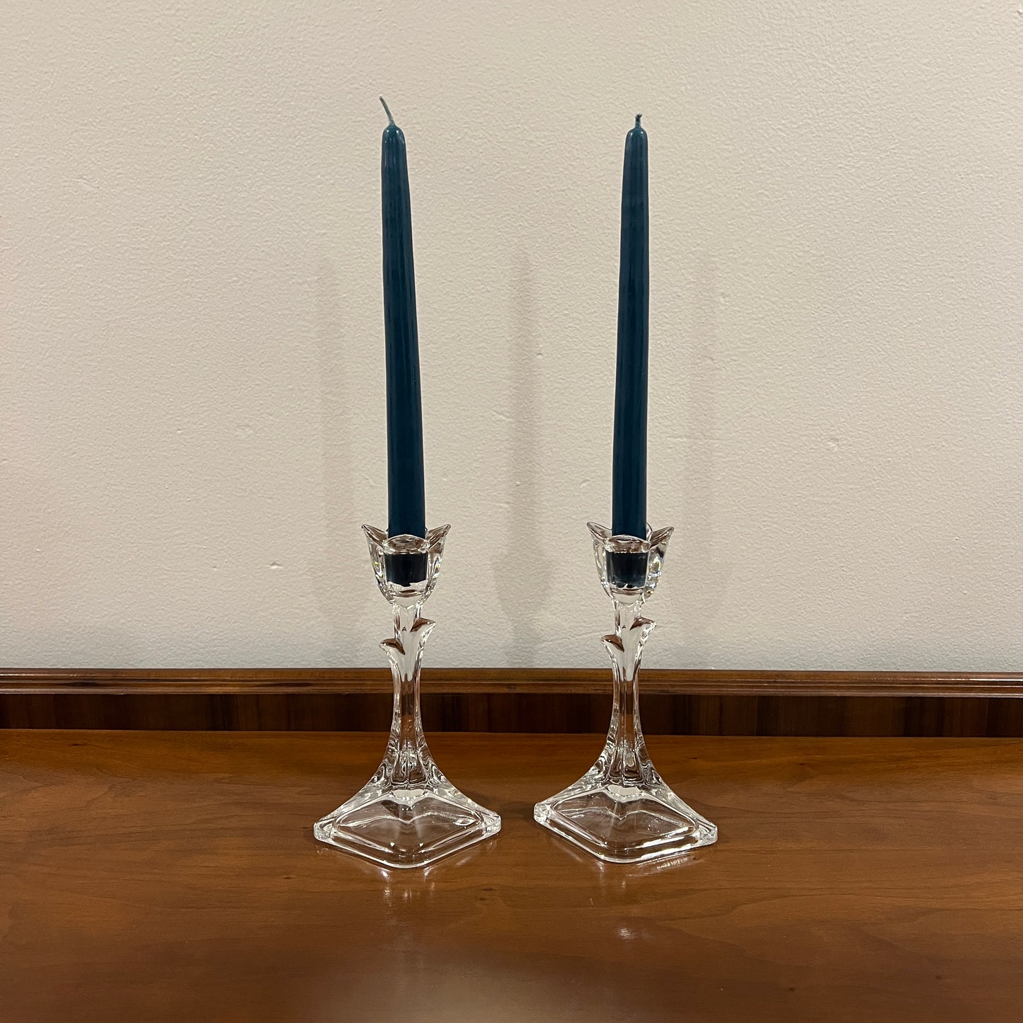 Set of 2 Vintage Toscany Lead Crystal Clear Tulip 8" Single Light Candlestick Holders