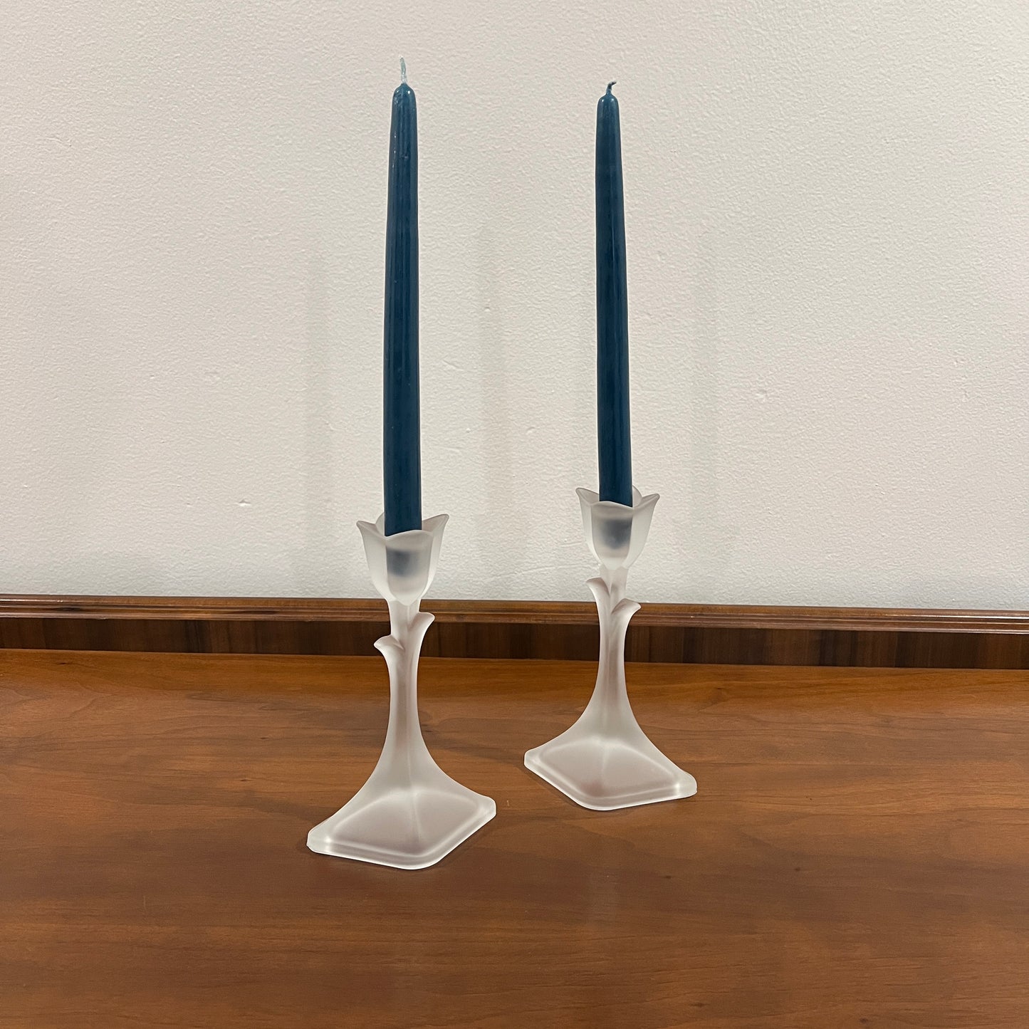 Set of 2 Vintage Toscany Lead Crystal Frosted Tulip 8" Single Light Candlestick Holders