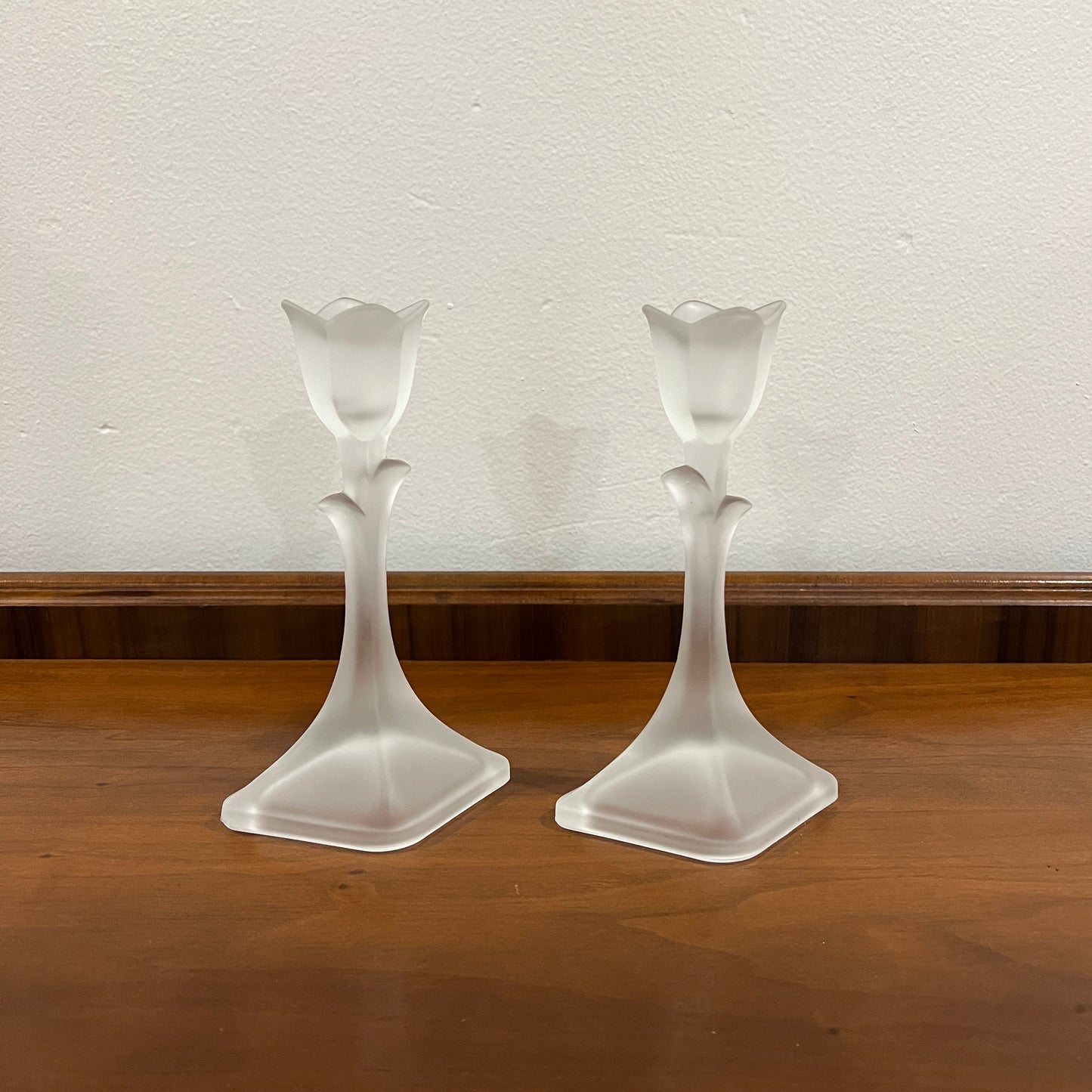 Set of 2 Vintage Toscany Lead Crystal Frosted Tulip 8" Single Light Candlestick Holders