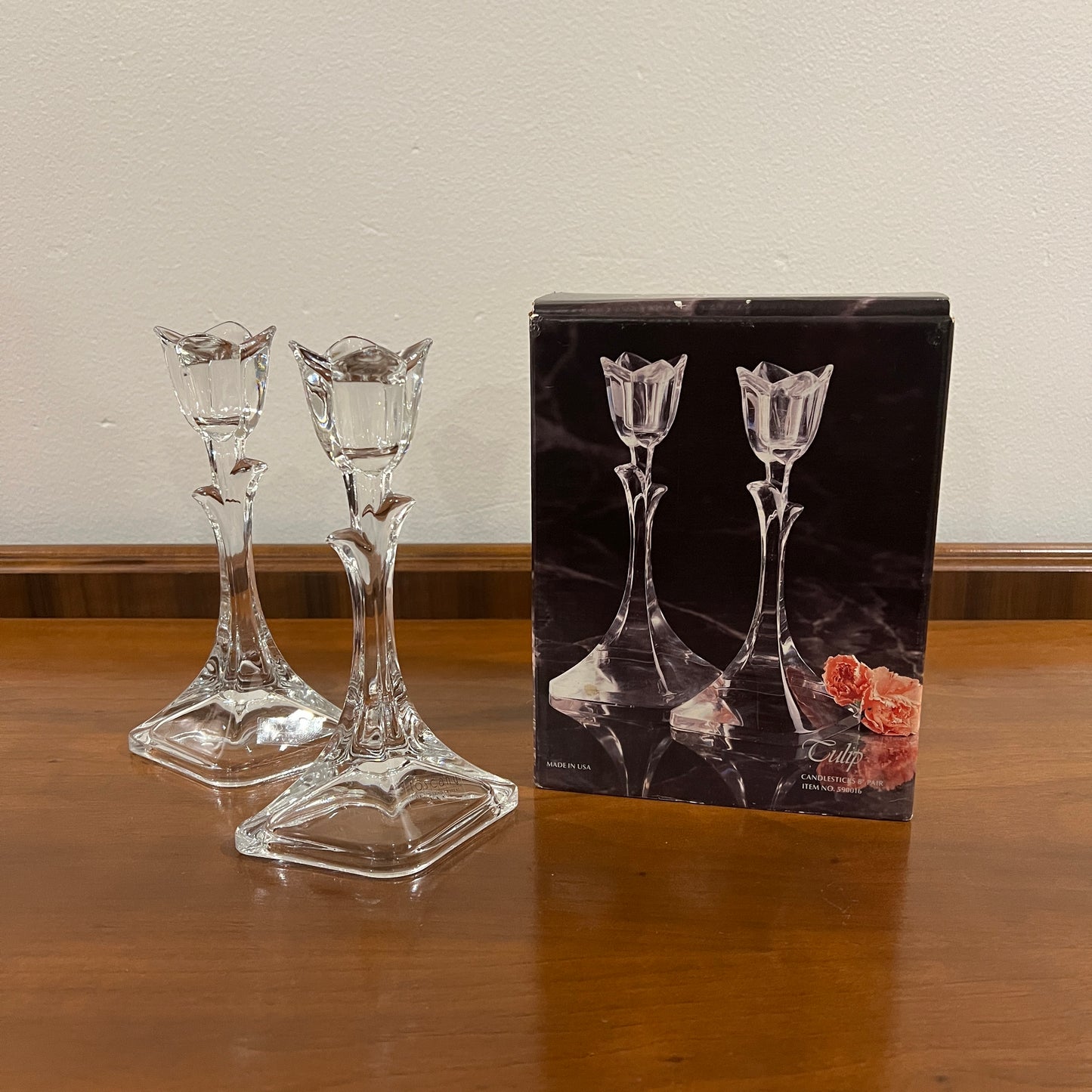 Set of 2 Vintage Toscany Lead Crystal Clear Tulip 8" Single Light Candlestick Holders