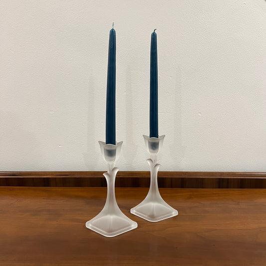 Set of 2 Vintage Toscany Lead Crystal Frosted Tulip 8" Single Light Candlestick Holders