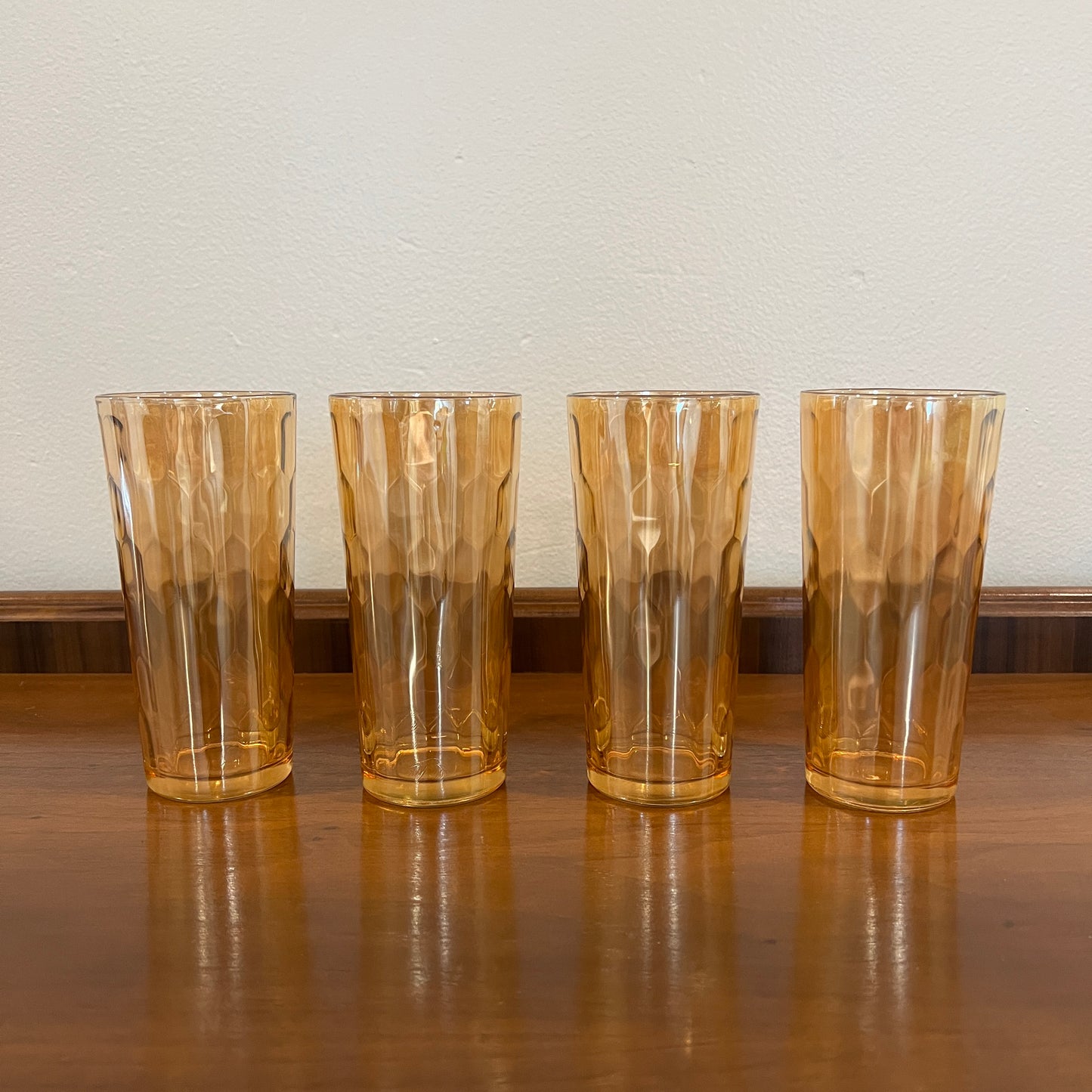 Set of 4 Vintage 1940s Jeannette Glass Hex Optic Iridescent Ice Tea Glasses (Set 1)