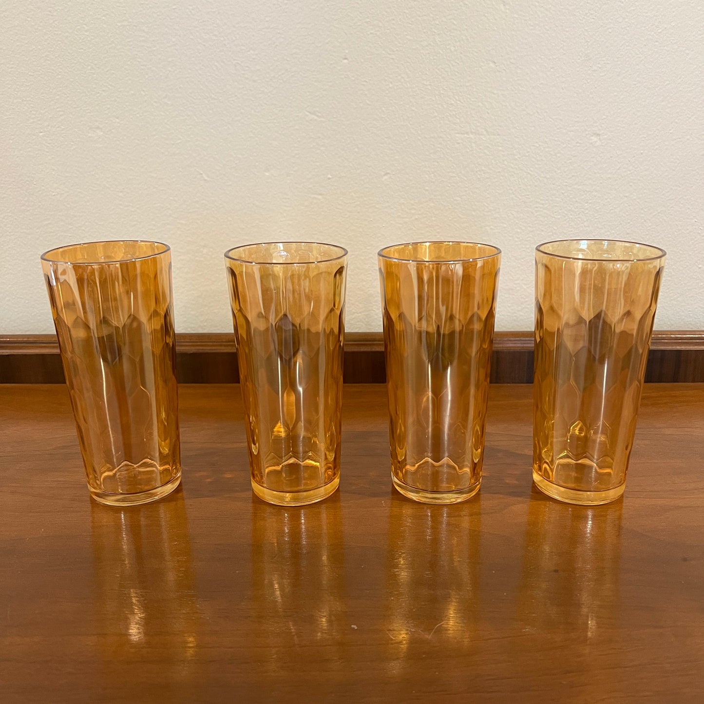 Set of 4 Vintage 1940s Jeannette Glass Hex Optic Iridescent Ice Tea Glasses (Set 2)