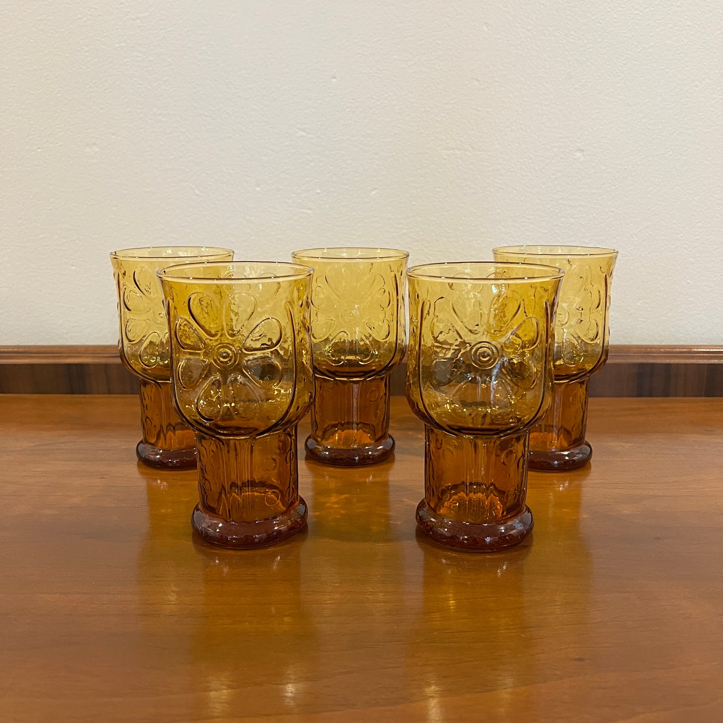 Set of 5 Vintage Libbey Country Garden Amber 12 oz. Cooler Glasses