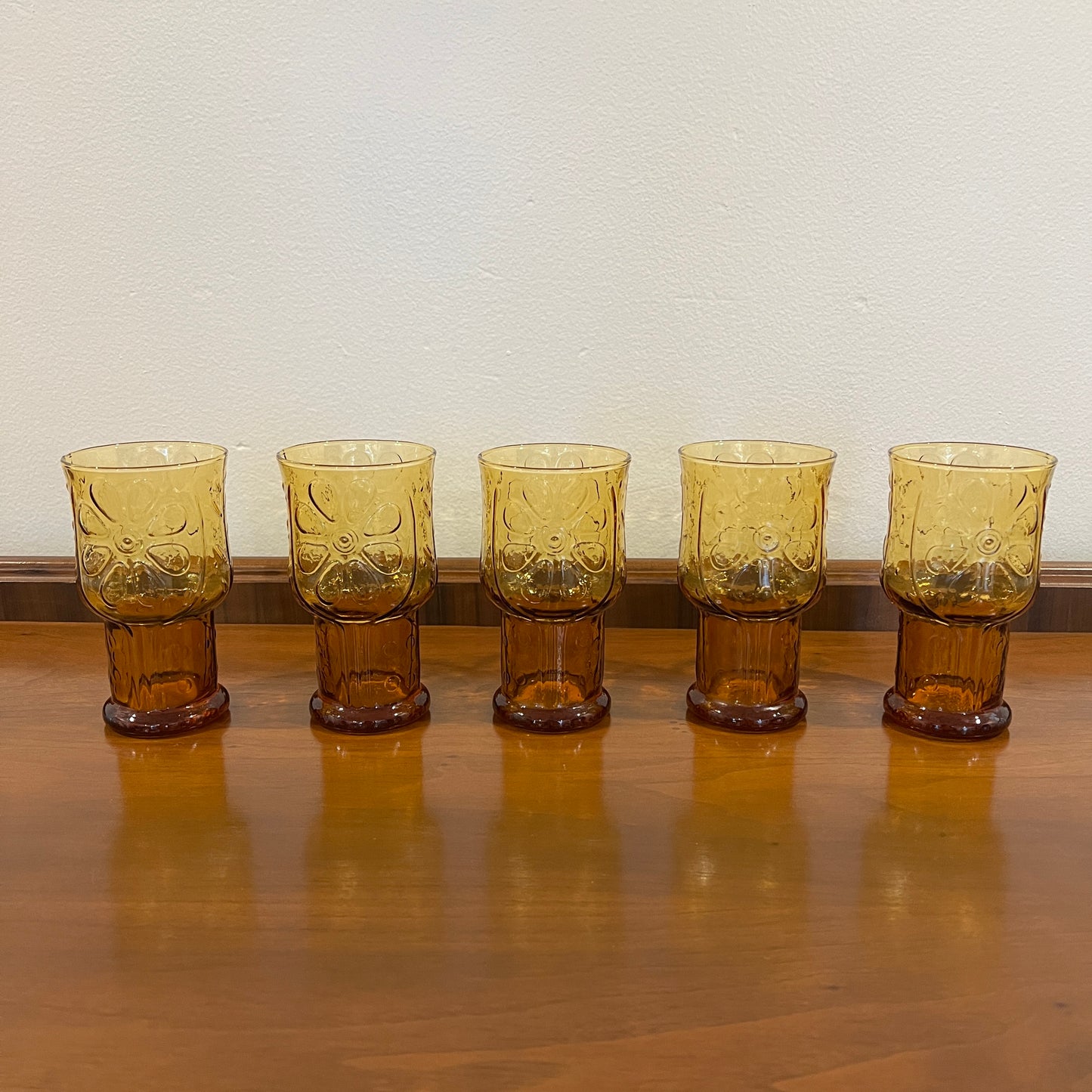 Set of 5 Vintage Libbey Country Garden Amber 12 oz. Cooler Glasses