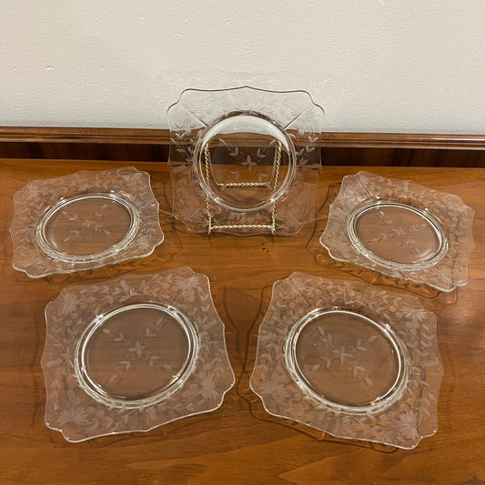 Set of 5 Vintage Rock Sharpe Floral Etched 7" Square Plates