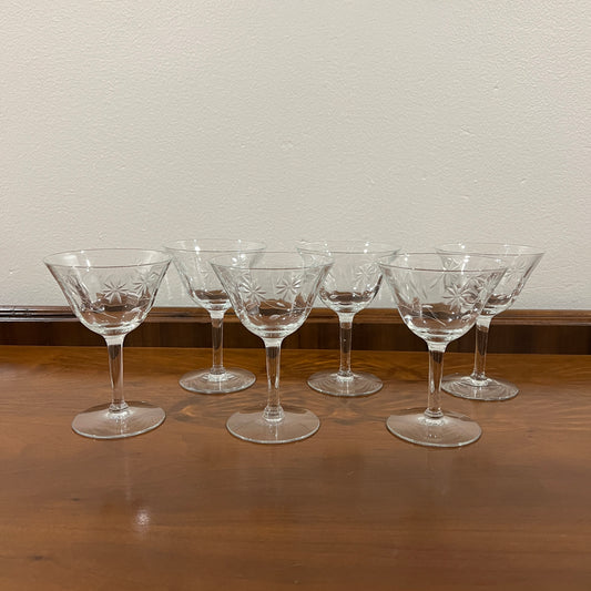 Set of 6 Vintage Tiffin Clear Floral Etched Champagne Coupe Glasses