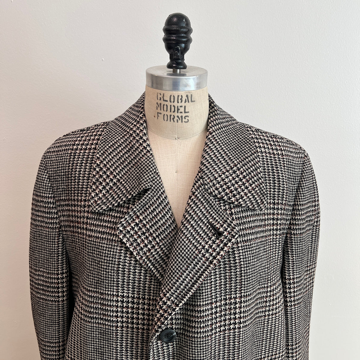 Vintage 1960s/1970s Men's Glen Plaid Long Wool Coat, Size XL/XXL