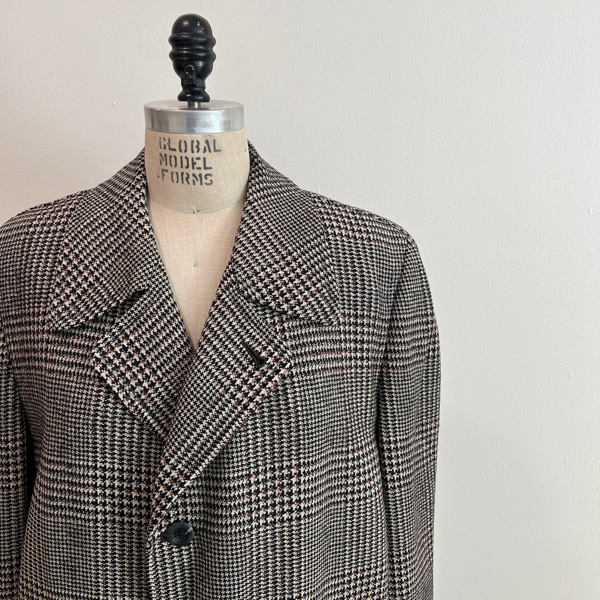 Vintage 1960s/1970s Men's Glen Plaid Long Wool Coat, Size XL/XXL