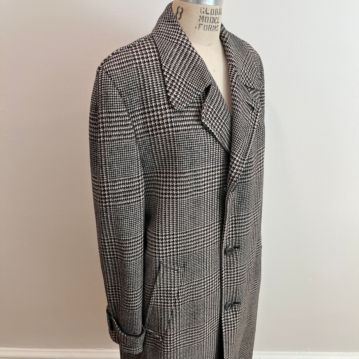 Vintage 1960s/1970s Men's Glen Plaid Long Wool Coat, Size XL/XXL