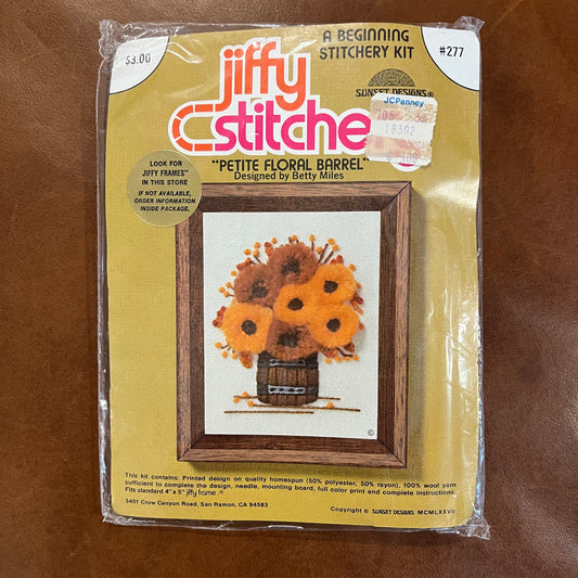 Vintage 1977 NIP Jiffy Stitchery Petite Floral Barrel Crewel Embroidery Kit