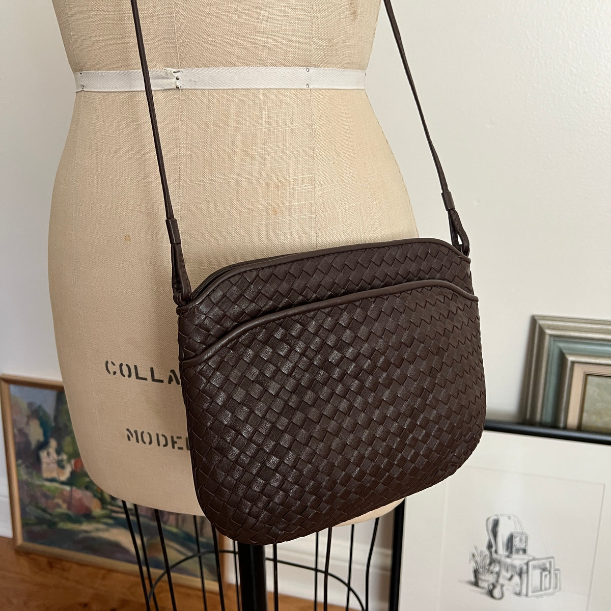 Vintage 1980s Ganson Chocolate Brown Woven Leather Crossbody Bag