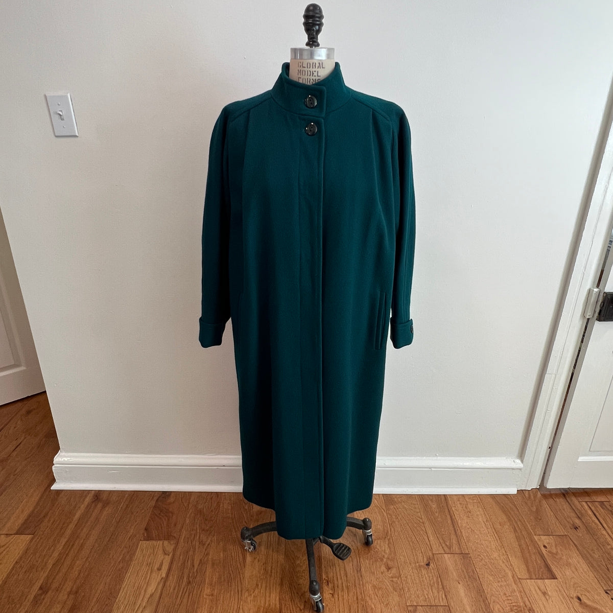 Vintage 1980s Women's Emerald Green Long Wool Coat, Size Medium/Large