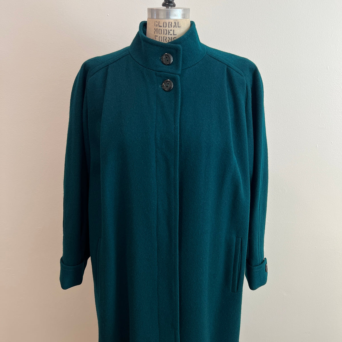 Vintage 1980s Women's Emerald Green Long Wool Coat, Size Medium/Large
