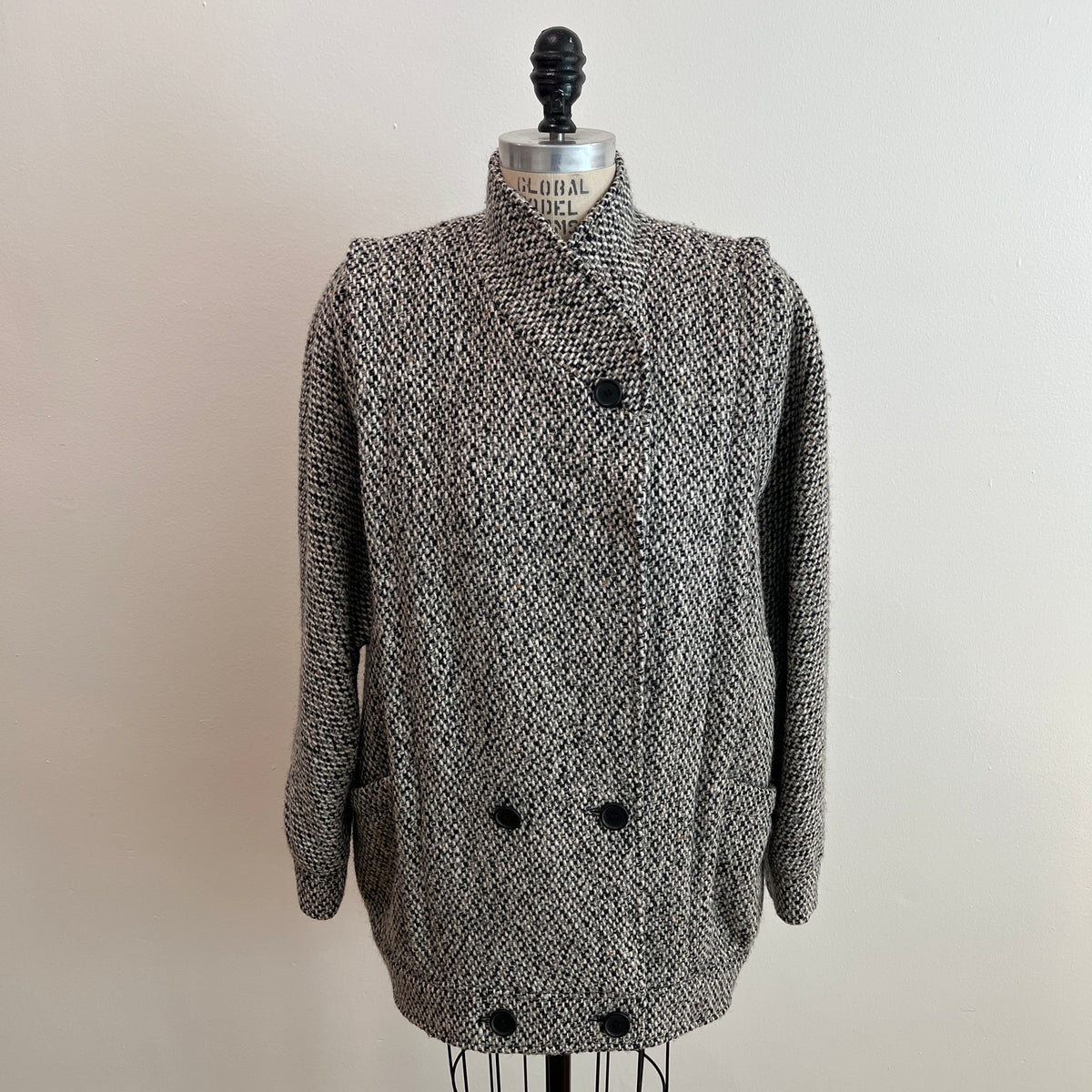 Vintage 1980s Women's Tweed Double-Breasted Wool Coat, Size M/L