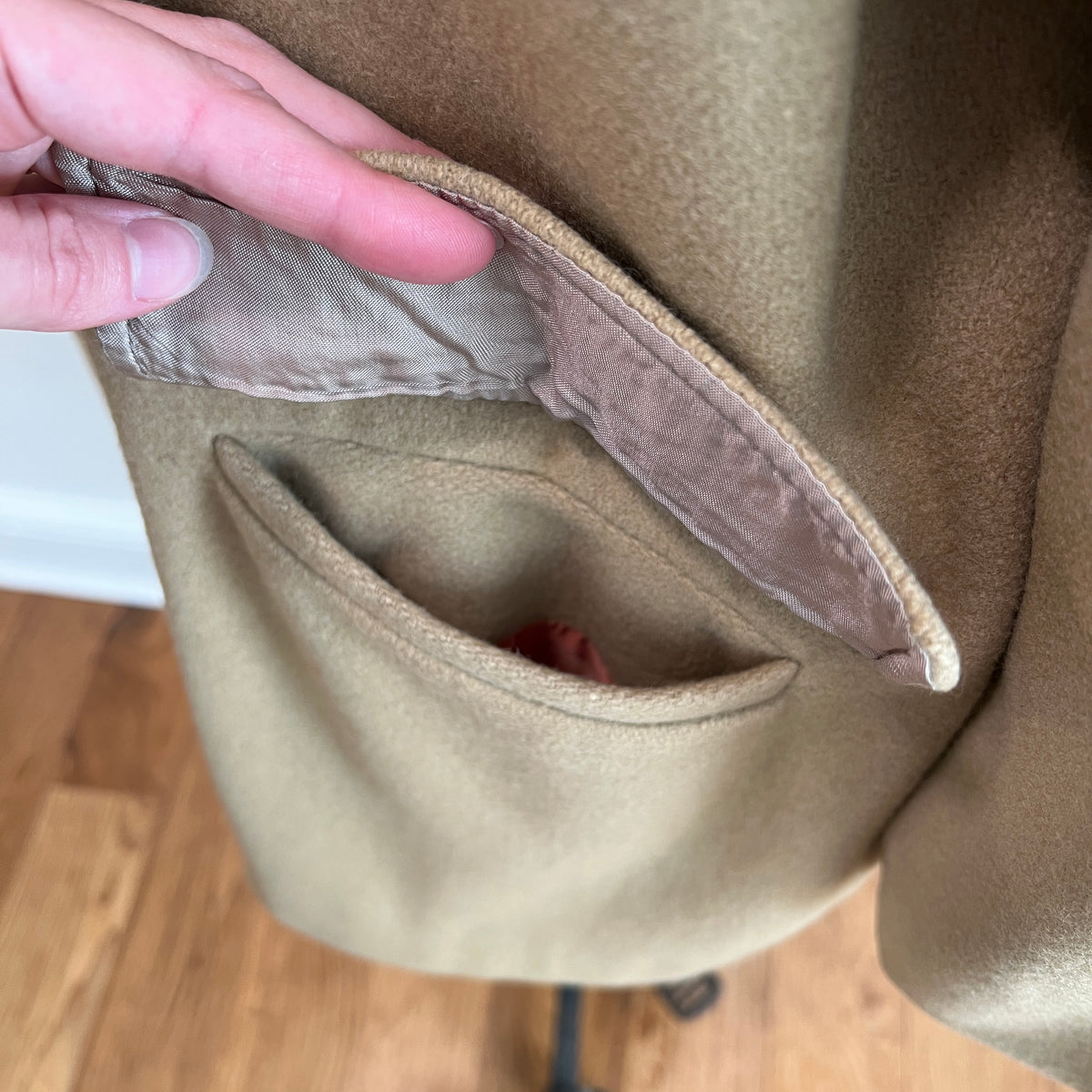 Vintage 1980s/1990s Women's Camel Wool Peacoat with Turnlock Buttons, Size L/XL