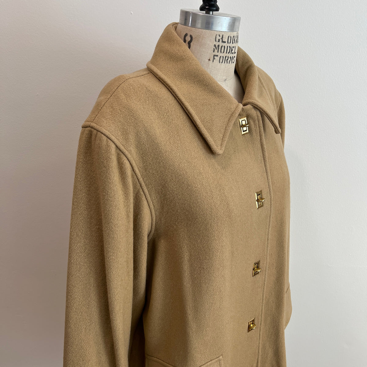 Vintage 1980s/1990s Women's Camel Wool Peacoat with Turnlock Buttons, Size L/XL