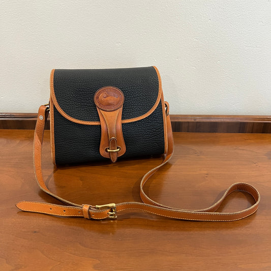 Vintage 1990s Dooney & Bourke All Weather Leather Medium Essex Bag in Black with British Tan Trim