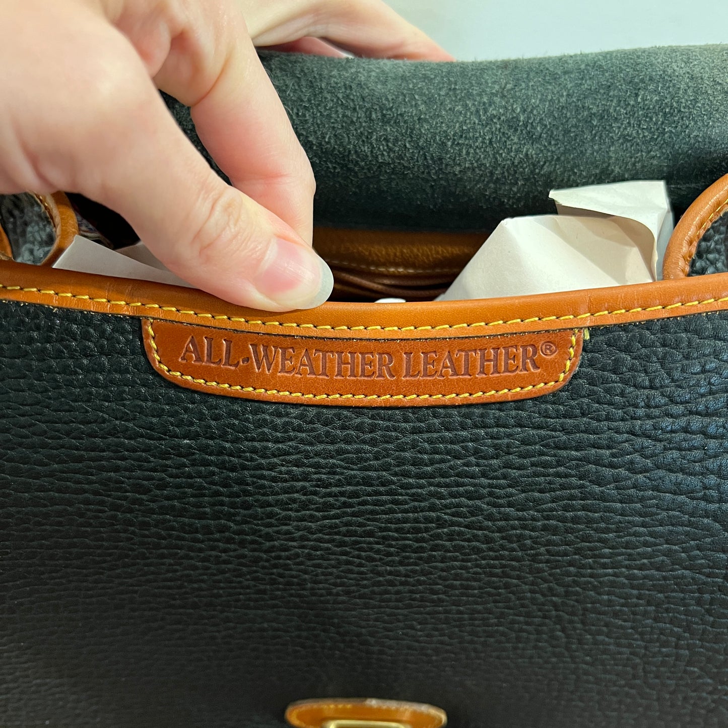 Vintage 1990s Dooney & Bourke All Weather Leather Medium Essex Bag in Black with British Tan Trim