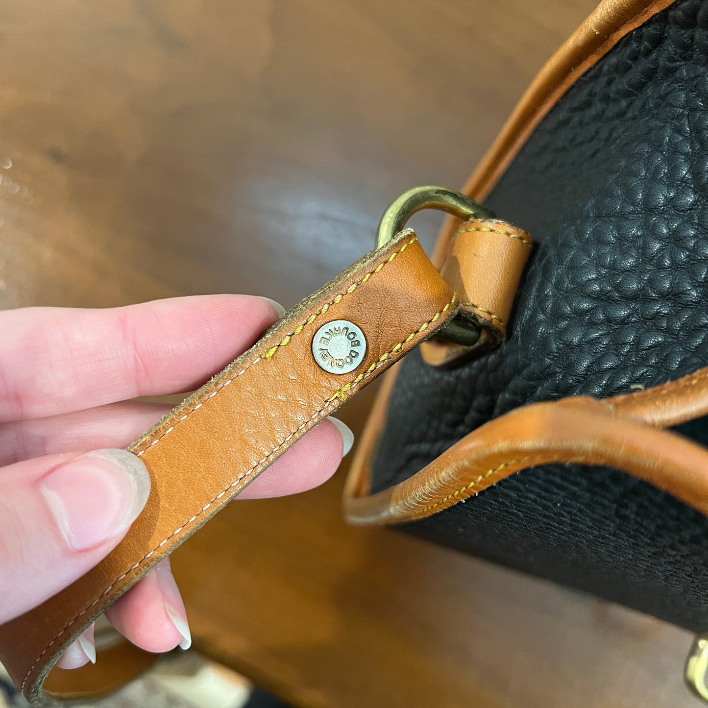 Vintage 1990s Dooney & Bourke All Weather Leather Medium Essex Bag in Black with British Tan Trim