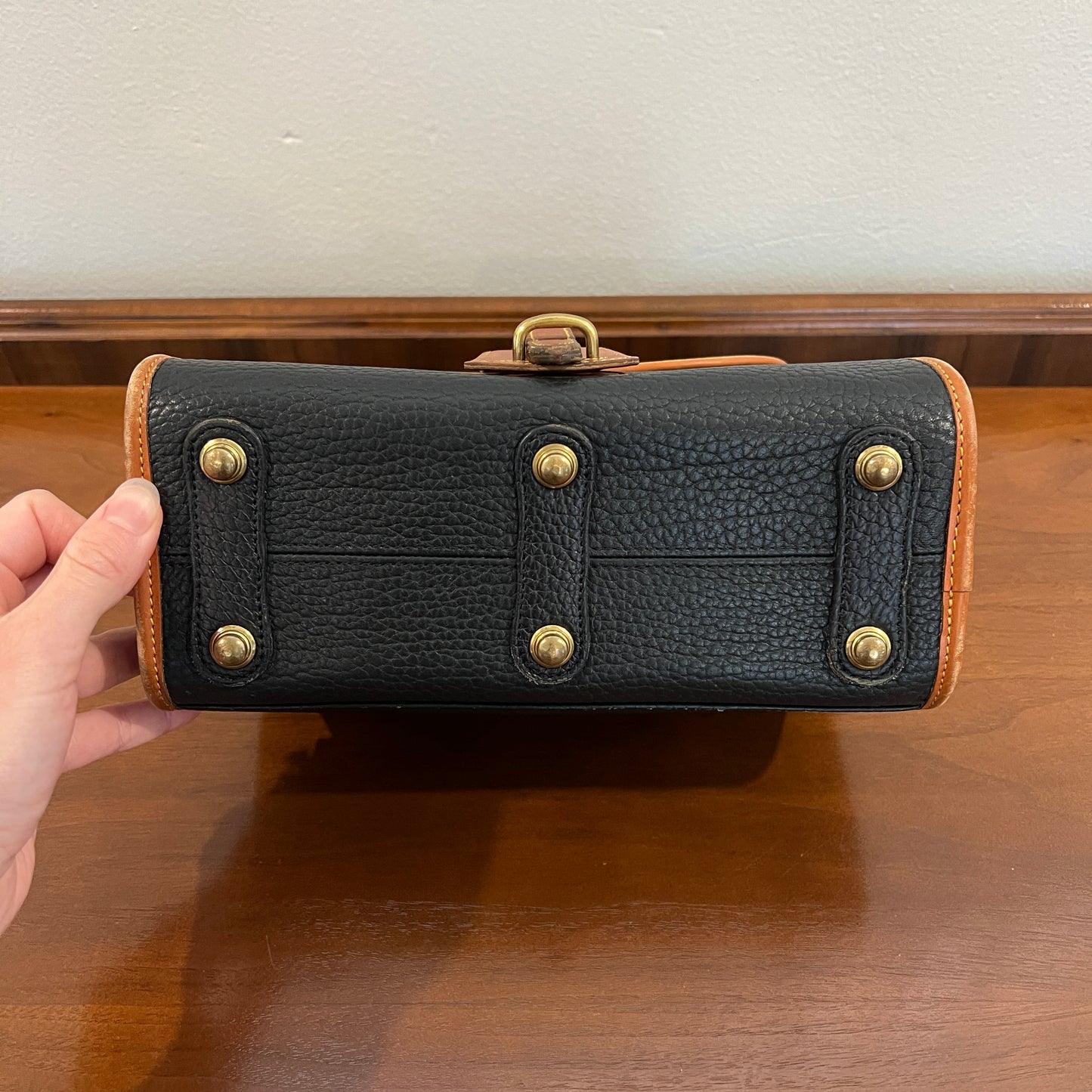 Vintage 1990s Dooney & Bourke All Weather Leather Medium Essex Bag in Black with British Tan Trim