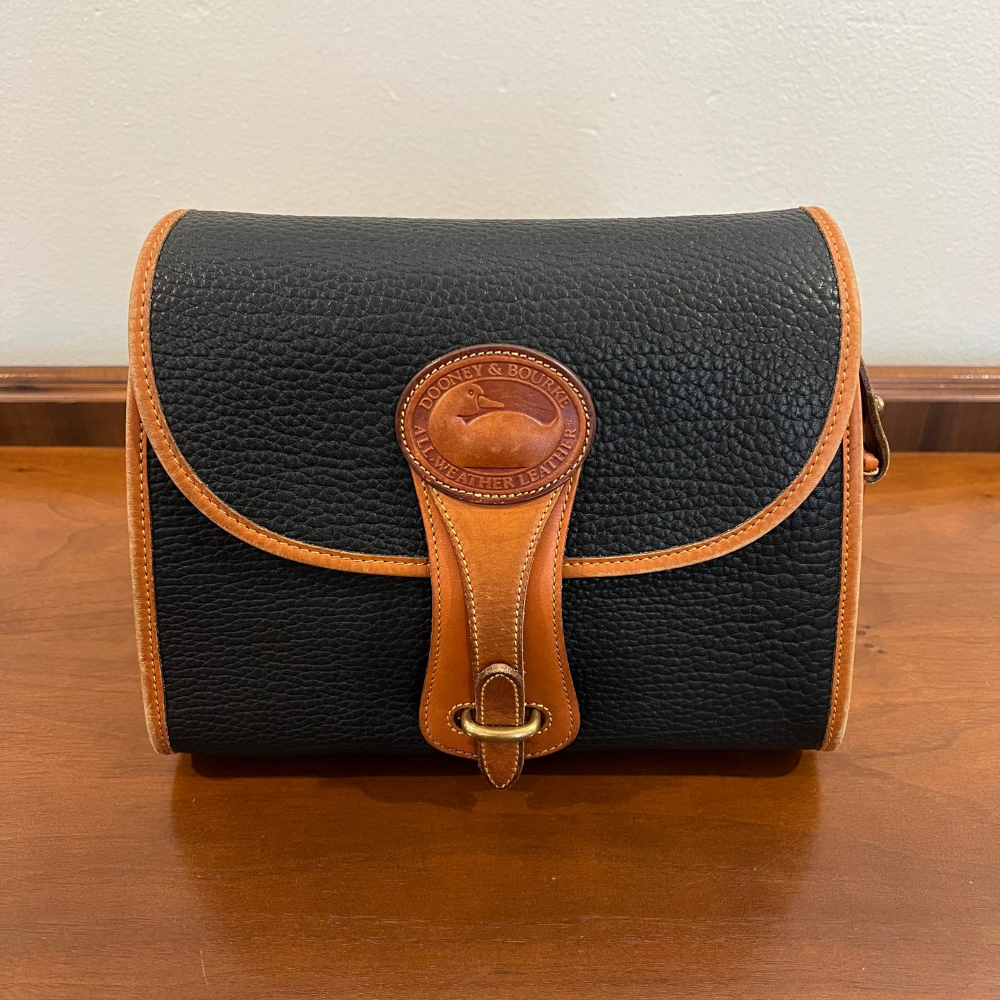 Vintage 1990s Dooney & Bourke All Weather Leather Medium Essex Bag in Black with British Tan Trim