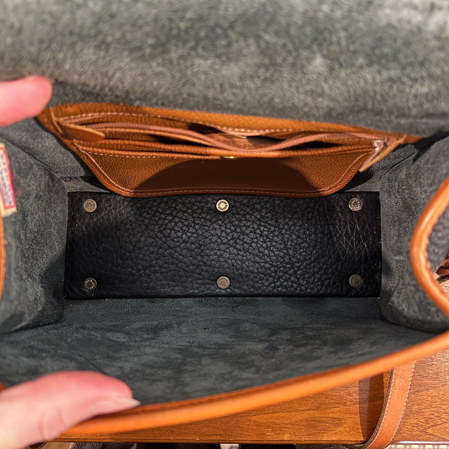 Vintage 1990s Dooney & Bourke All Weather Leather Medium Essex Bag in Black with British Tan Trim