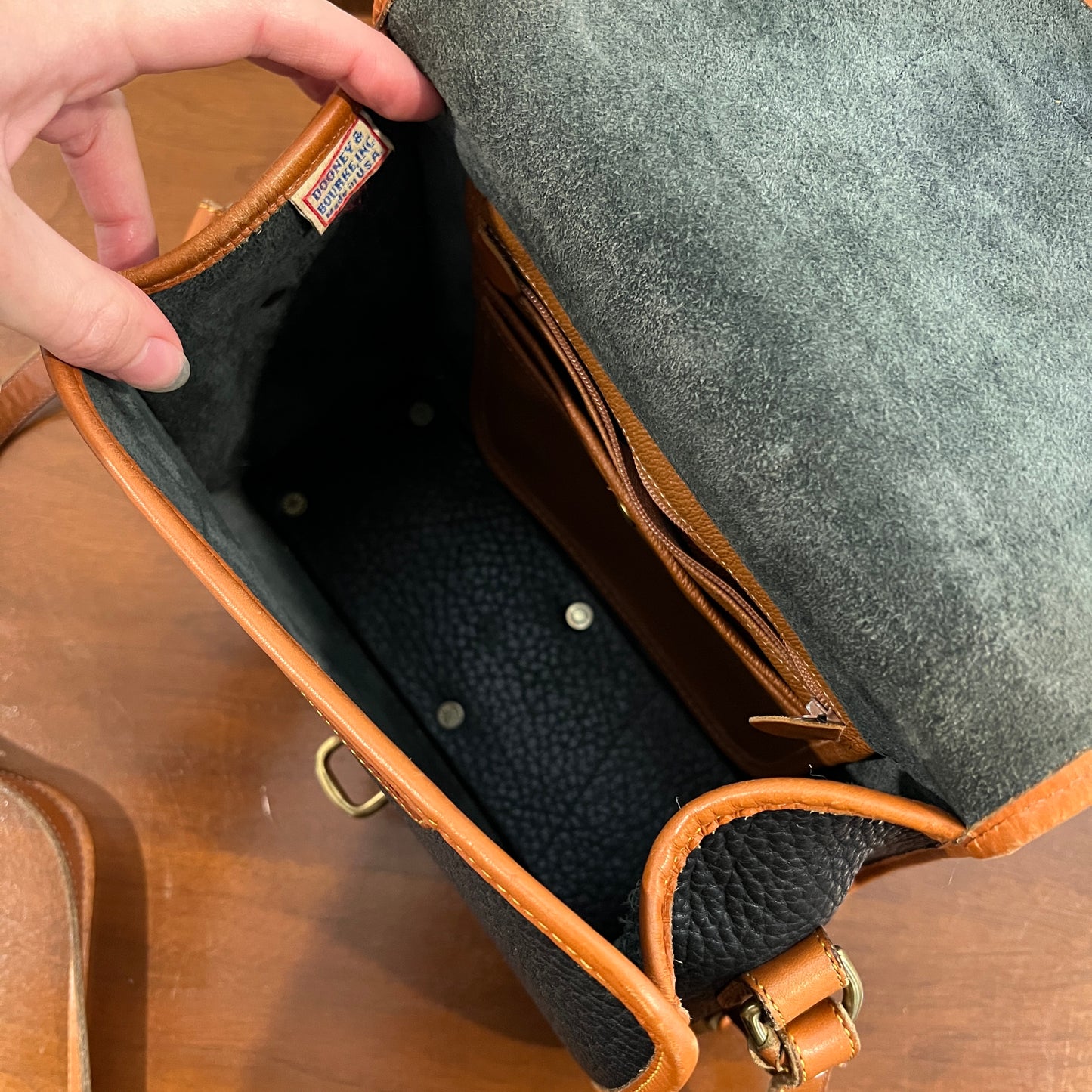 Vintage 1990s Dooney & Bourke All Weather Leather Medium Essex Bag in Black with British Tan Trim