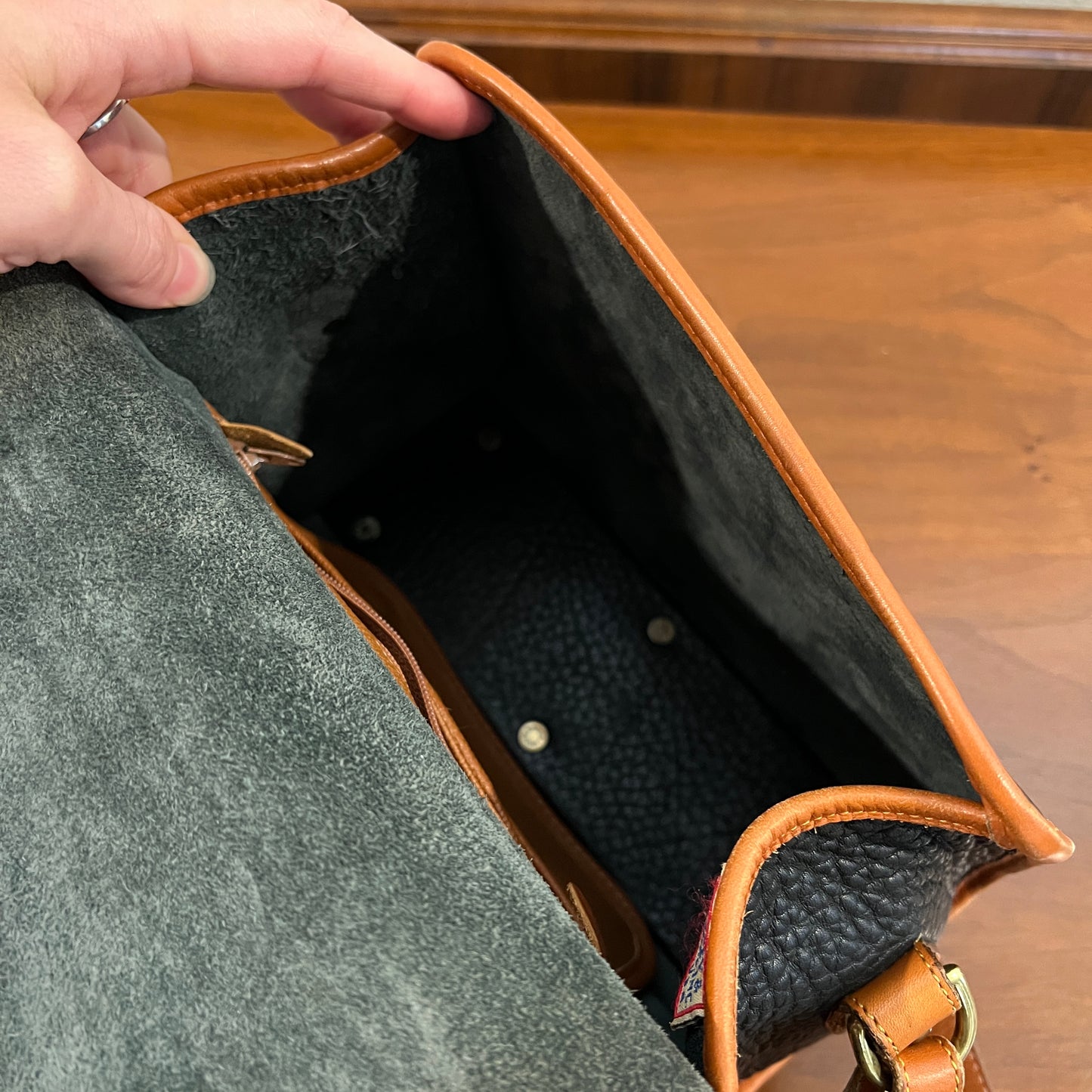 Vintage 1990s Dooney & Bourke All Weather Leather Medium Essex Bag in Black with British Tan Trim